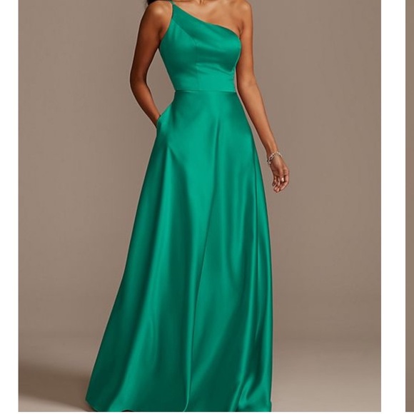 one shoulder satin a-line long bridesmaid dress